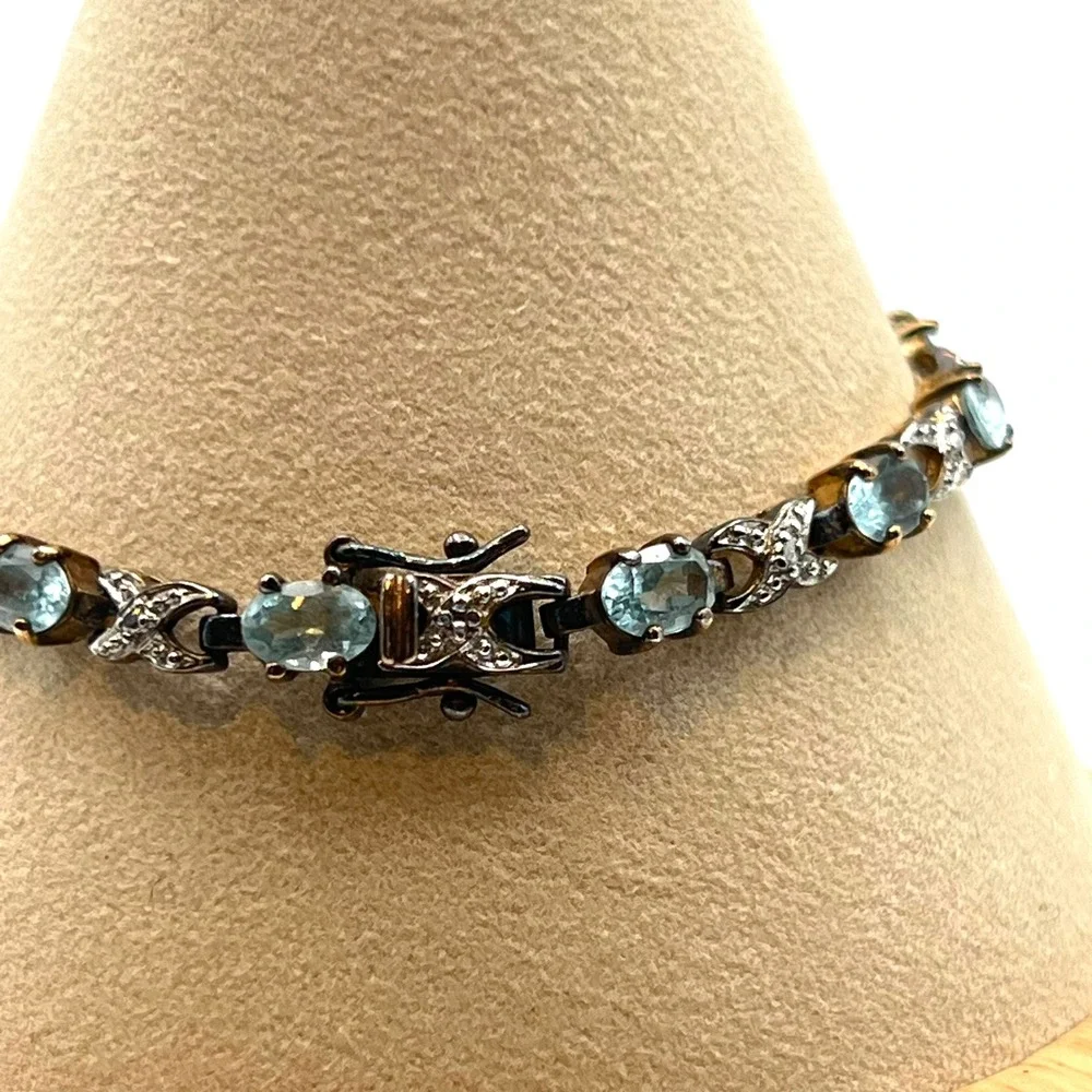 Sterling Silver Blue Topaz XO Hugs & Kisses Gold Tone‎ Tennis Bracelet 6.5 Inch